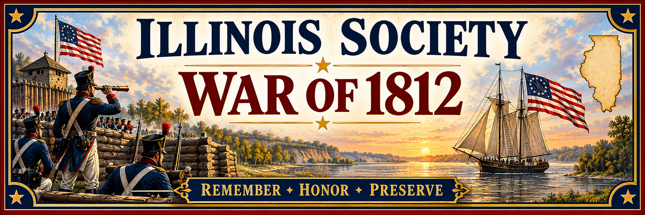 Illinois Society, War of 1812. Remember, Honor, Preserve. Illustrated frontier fort, soldiers, river vessel, and Illinois outline.